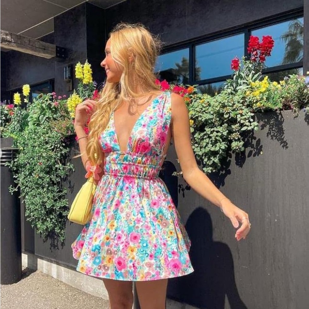 Pink and Blue Sleeveless Plunge Sundress
